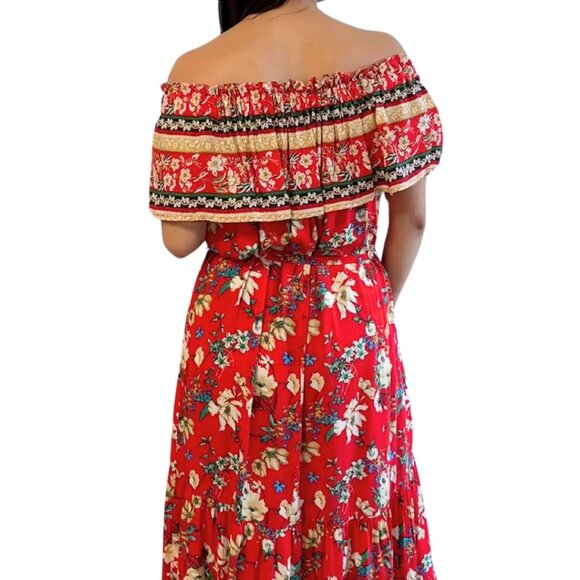 Red and Yellow Floral Printed Off Shoulder Maxi Dress - Picture 5 of 5